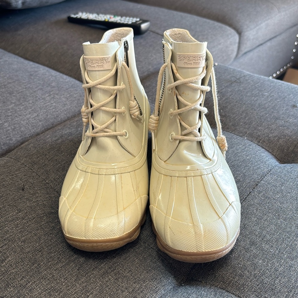 Cream Sperry duck boots